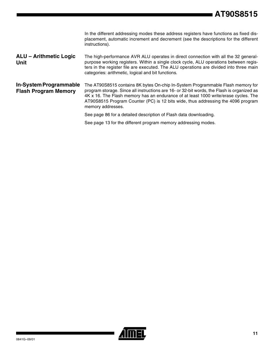 Alu – arithmetic logic unit, In-system programmable flash program memory | Rainbow Electronics AT90S8515 User Manual | Page 11 / 112