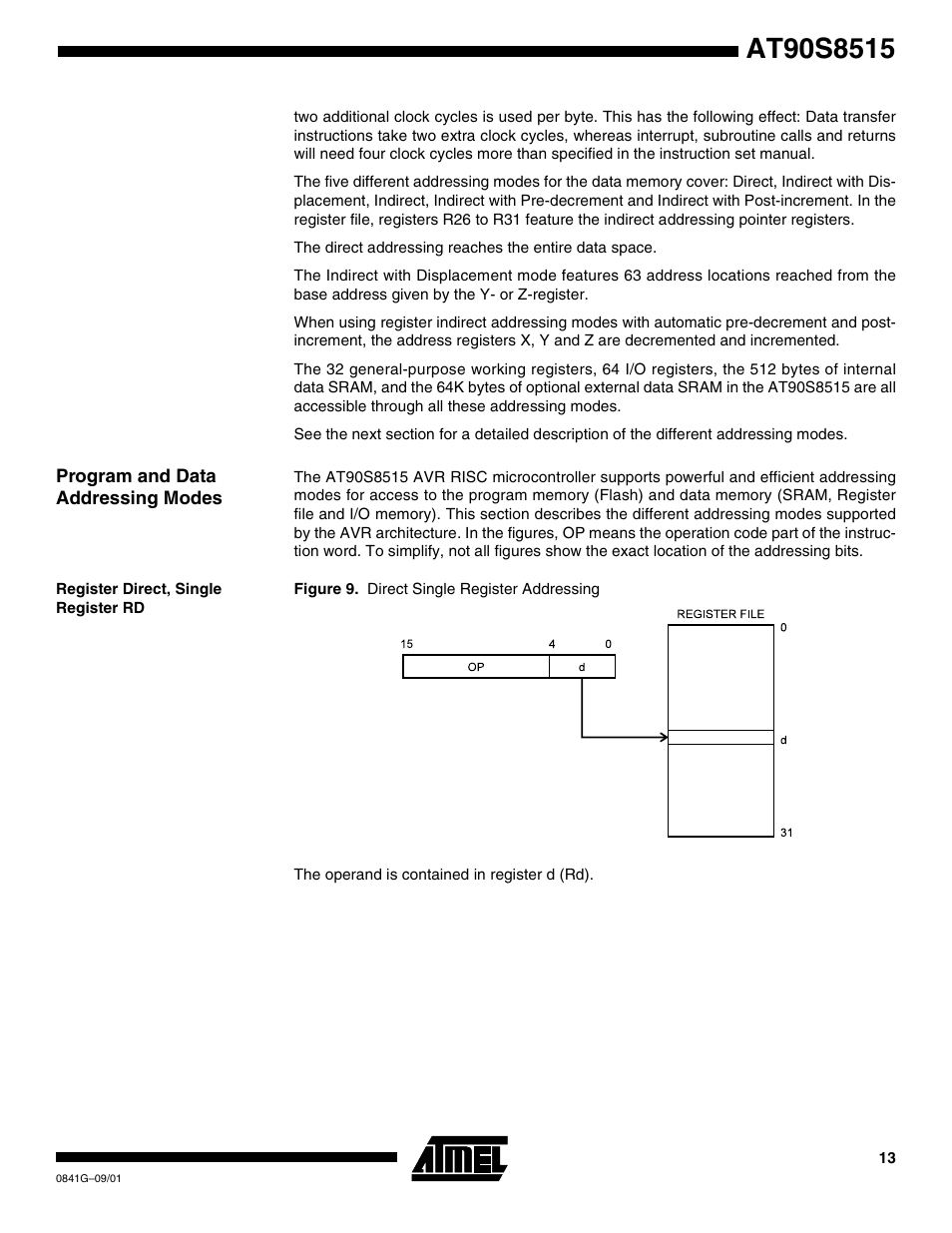 Program and data addressing modes, Register direct, single register rd | Rainbow Electronics AT90S8515 User Manual | Page 13 / 112