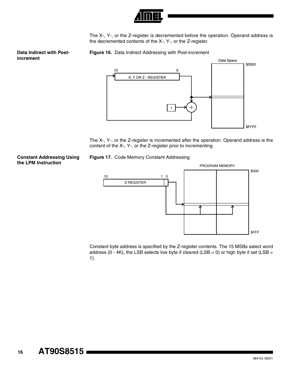 Data indirect with post- increment, Constant addressing using the lpm instruction | Rainbow Electronics AT90S8515 User Manual | Page 16 / 112