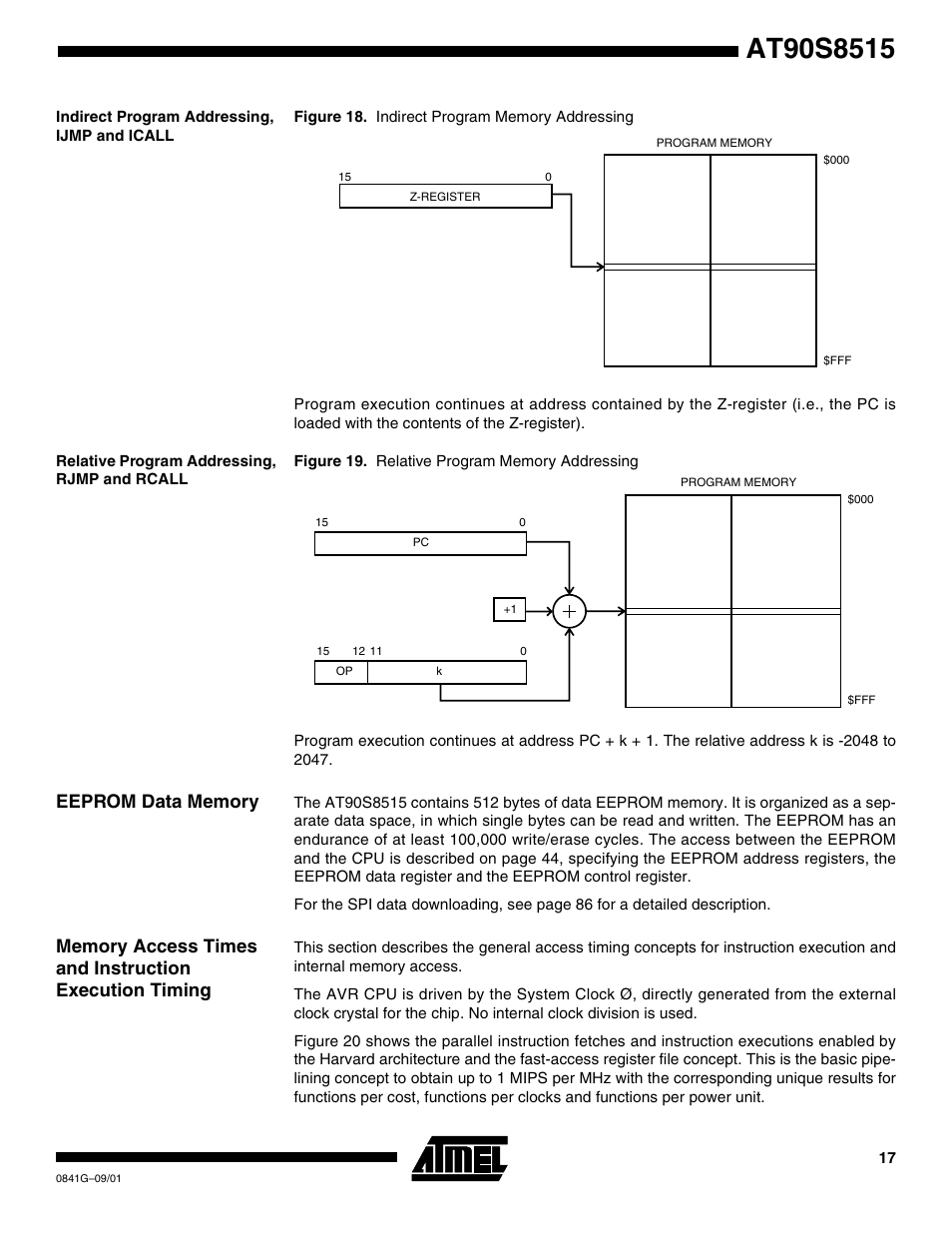 Indirect program addressing, ijmp and icall, Relative program addressing, rjmp and rcall, Eeprom data memory | Rainbow Electronics AT90S8515 User Manual | Page 17 / 112