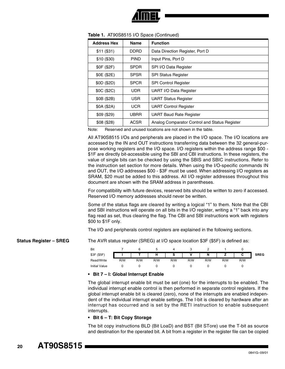 Status register – sreg | Rainbow Electronics AT90S8515 User Manual | Page 20 / 112