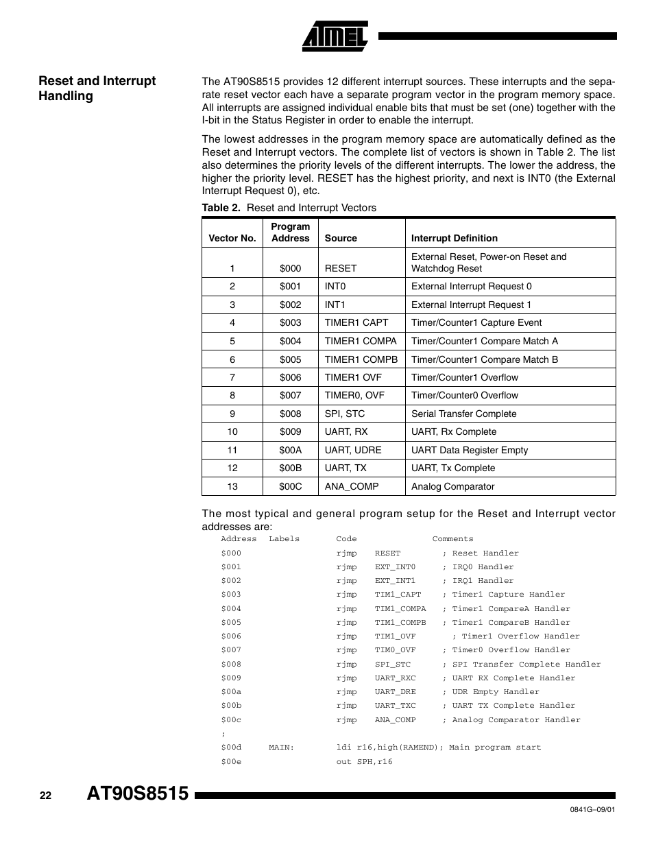 Reset and interrupt handling | Rainbow Electronics AT90S8515 User Manual | Page 22 / 112