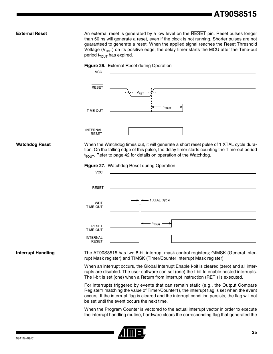 External reset, Watchdog reset, Interrupt handling | Rainbow Electronics AT90S8515 User Manual | Page 25 / 112