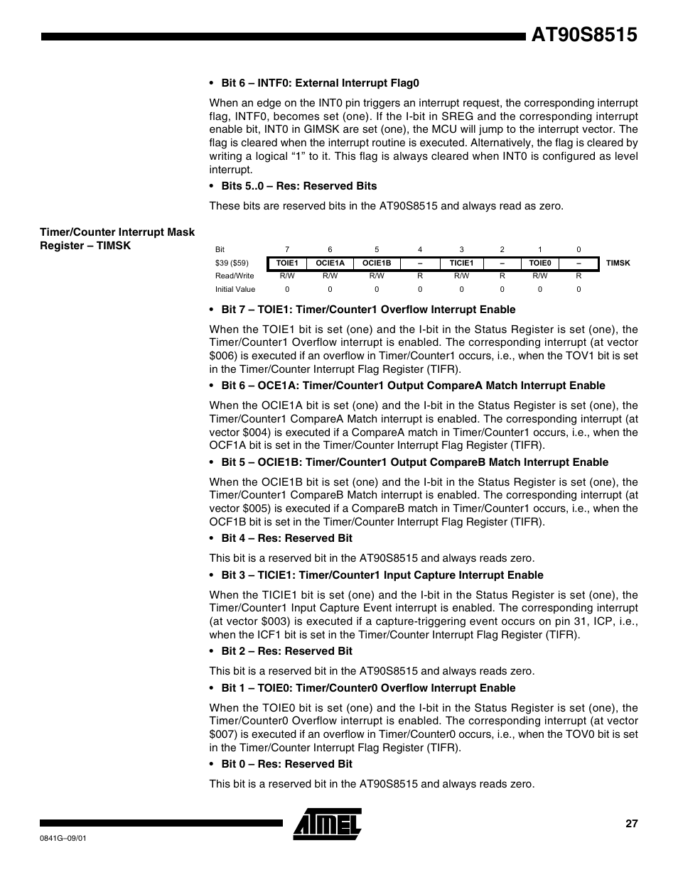 Timer/counter interrupt mask register – timsk | Rainbow Electronics AT90S8515 User Manual | Page 27 / 112