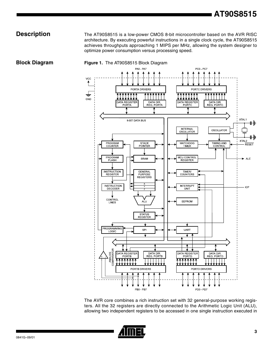 Description, Block diagram | Rainbow Electronics AT90S8515 User Manual | Page 3 / 112