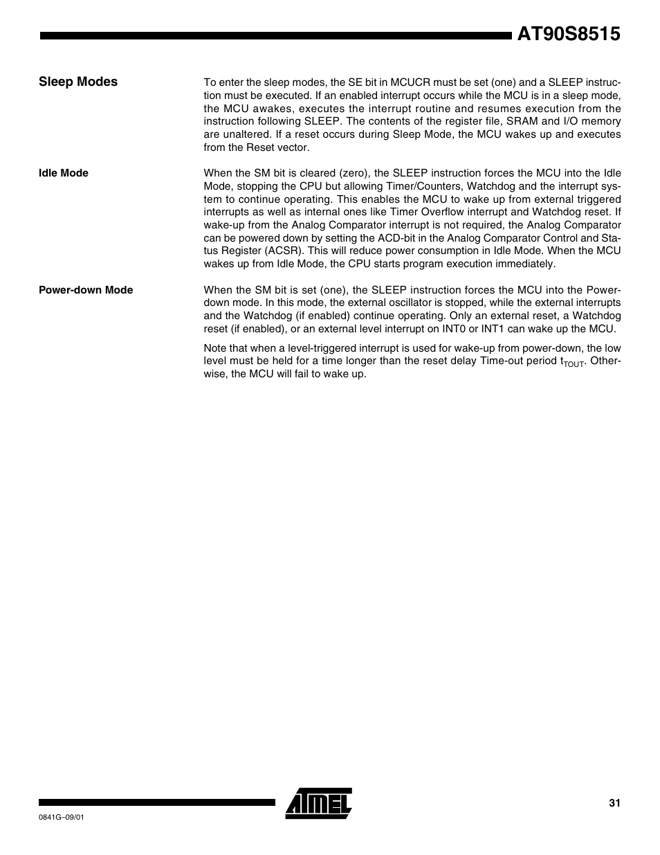 Sleep modes, Idle mode, Power-down mode | Rainbow Electronics AT90S8515 User Manual | Page 31 / 112