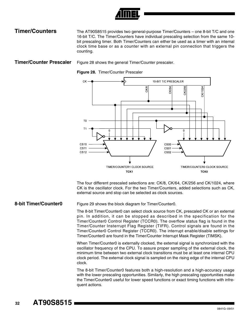 Timer/counters, Timer/counter prescaler, Bit timer/counter0 | Rainbow Electronics AT90S8515 User Manual | Page 32 / 112