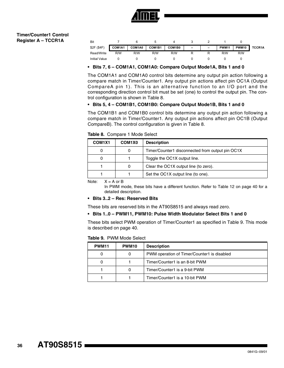 Timer/counter1 control register a – tccr1a | Rainbow Electronics AT90S8515 User Manual | Page 36 / 112