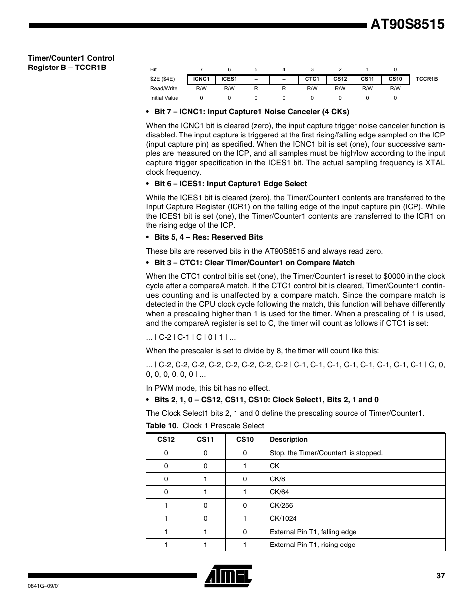 Timer/counter1 control register b – tccr1b | Rainbow Electronics AT90S8515 User Manual | Page 37 / 112