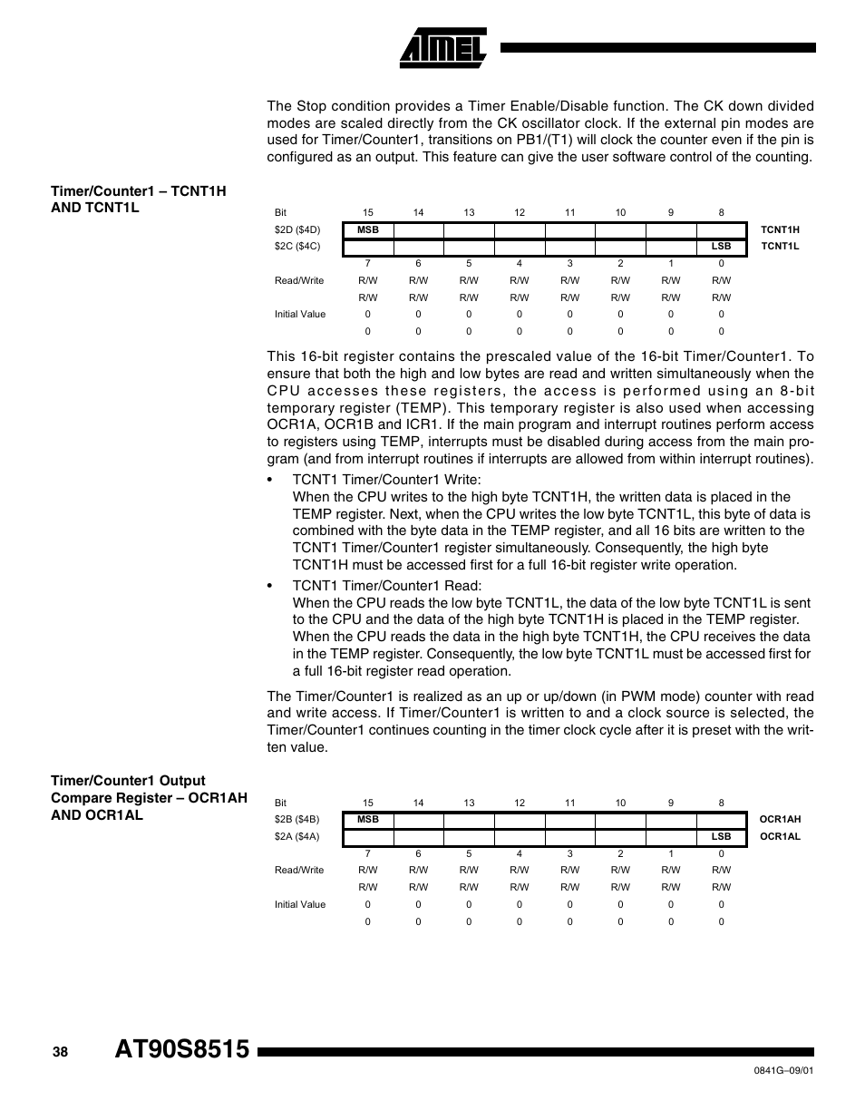 Timer/counter1 – tcnt1h and tcnt1l | Rainbow Electronics AT90S8515 User Manual | Page 38 / 112