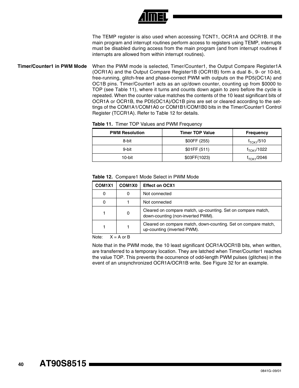 Timer/counter1 in pwm mode | Rainbow Electronics AT90S8515 User Manual | Page 40 / 112