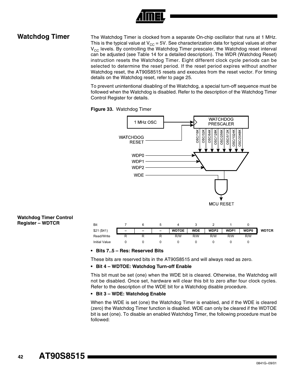 Watchdog timer, Watchdog timer control register – wdtcr | Rainbow Electronics AT90S8515 User Manual | Page 42 / 112