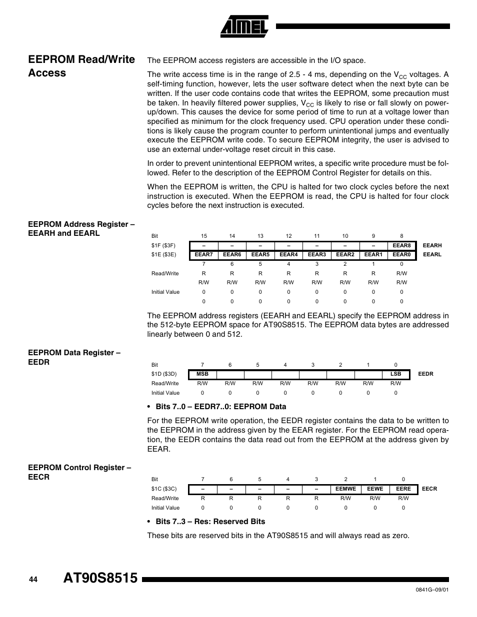 Eeprom read/write access, Eeprom address register – eearh and eearl, Eeprom data register – eedr | Eeprom control register – eecr | Rainbow Electronics AT90S8515 User Manual | Page 44 / 112