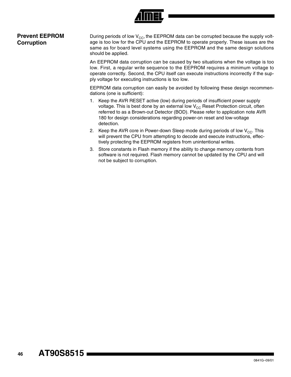 Prevent eeprom corruption | Rainbow Electronics AT90S8515 User Manual | Page 46 / 112