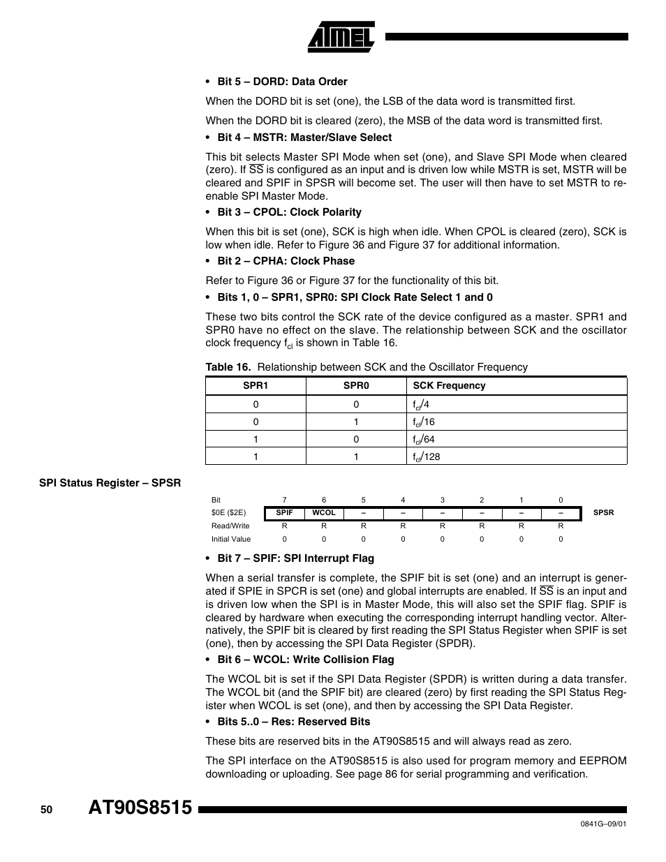 Spi status register – spsr | Rainbow Electronics AT90S8515 User Manual | Page 50 / 112