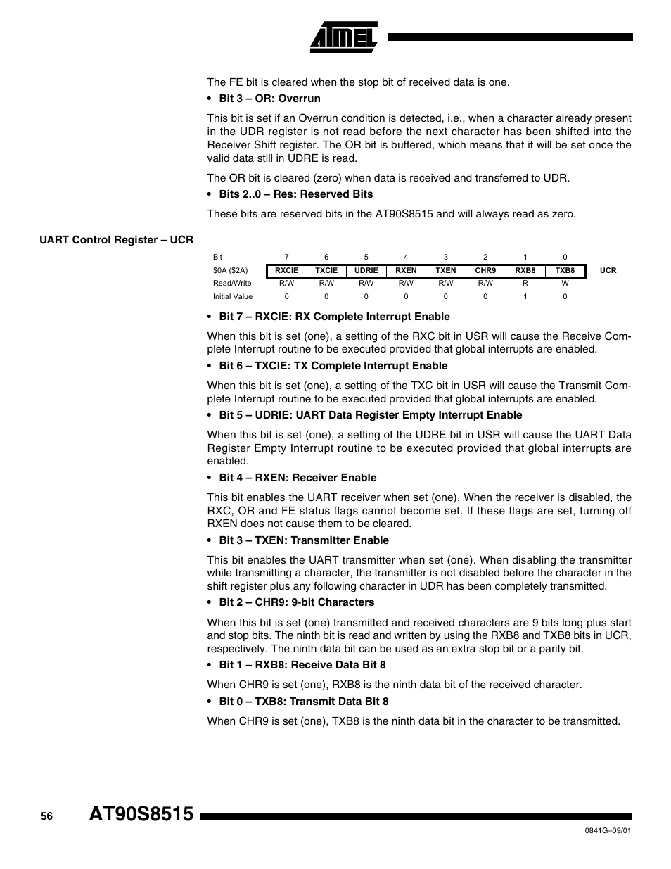 Uart control register – ucr | Rainbow Electronics AT90S8515 User Manual | Page 56 / 112