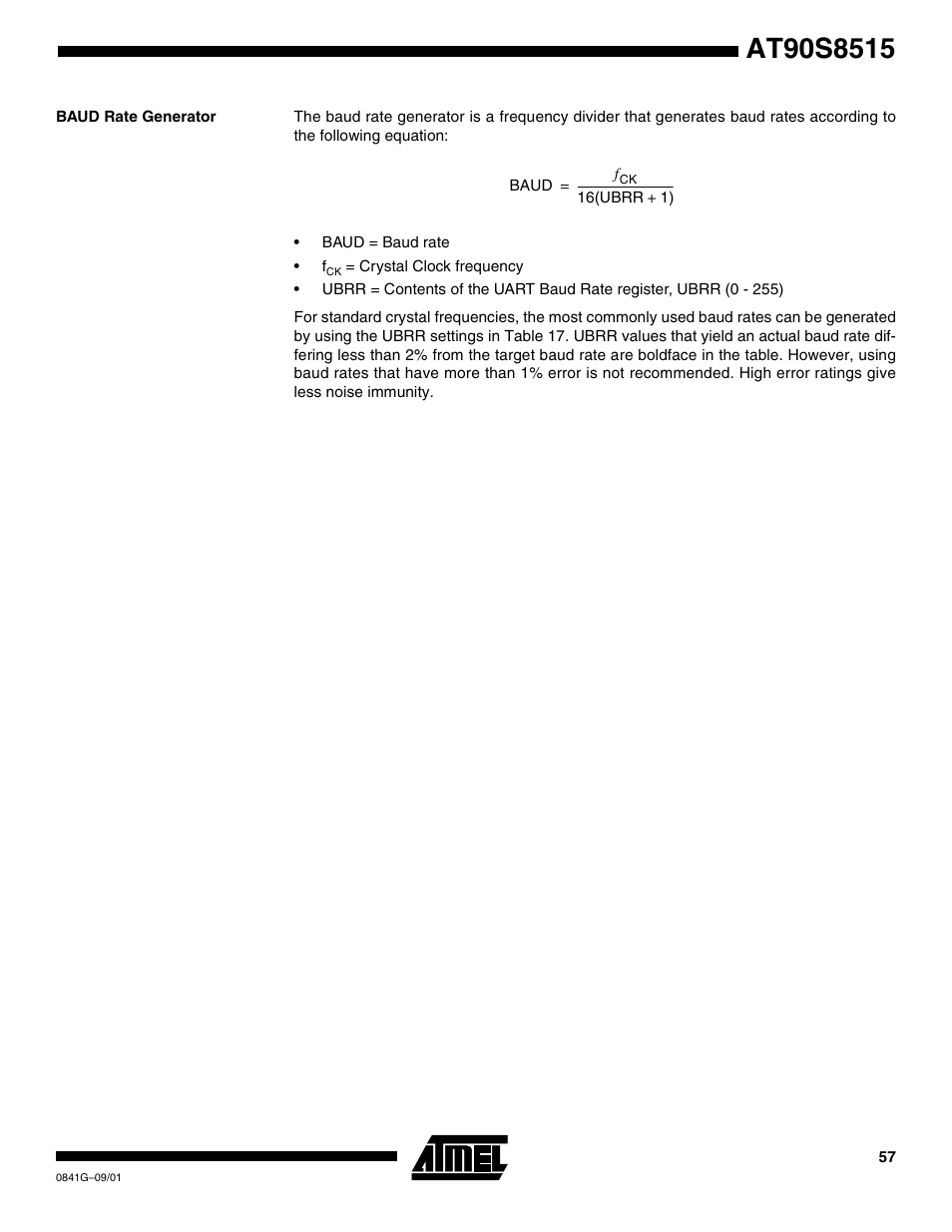 Baud rate generator | Rainbow Electronics AT90S8515 User Manual | Page 57 / 112