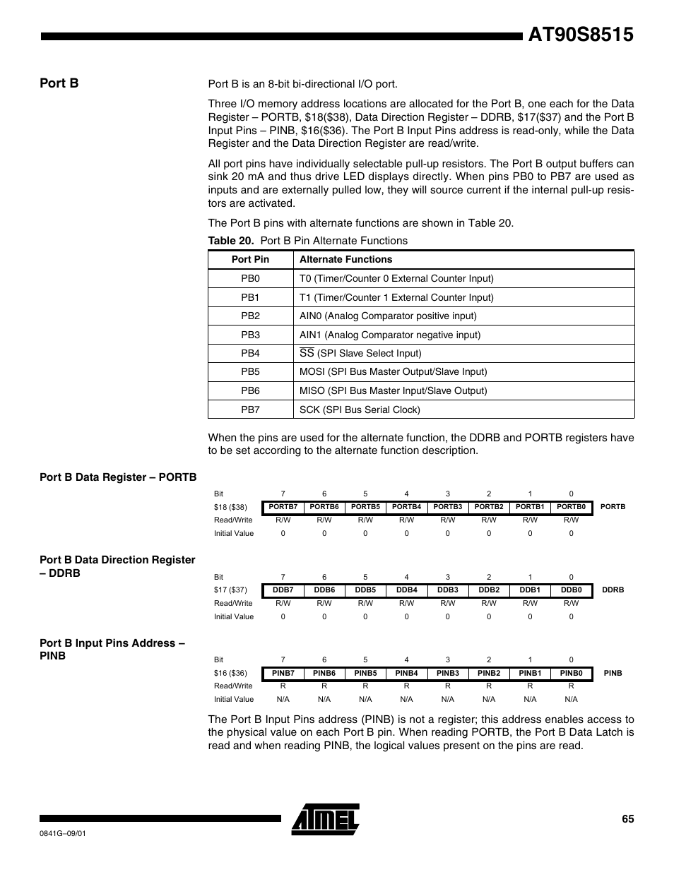 Port b, Port b data register – portb, Port b data direction register – ddrb | Port b input pins address – pinb | Rainbow Electronics AT90S8515 User Manual | Page 65 / 112