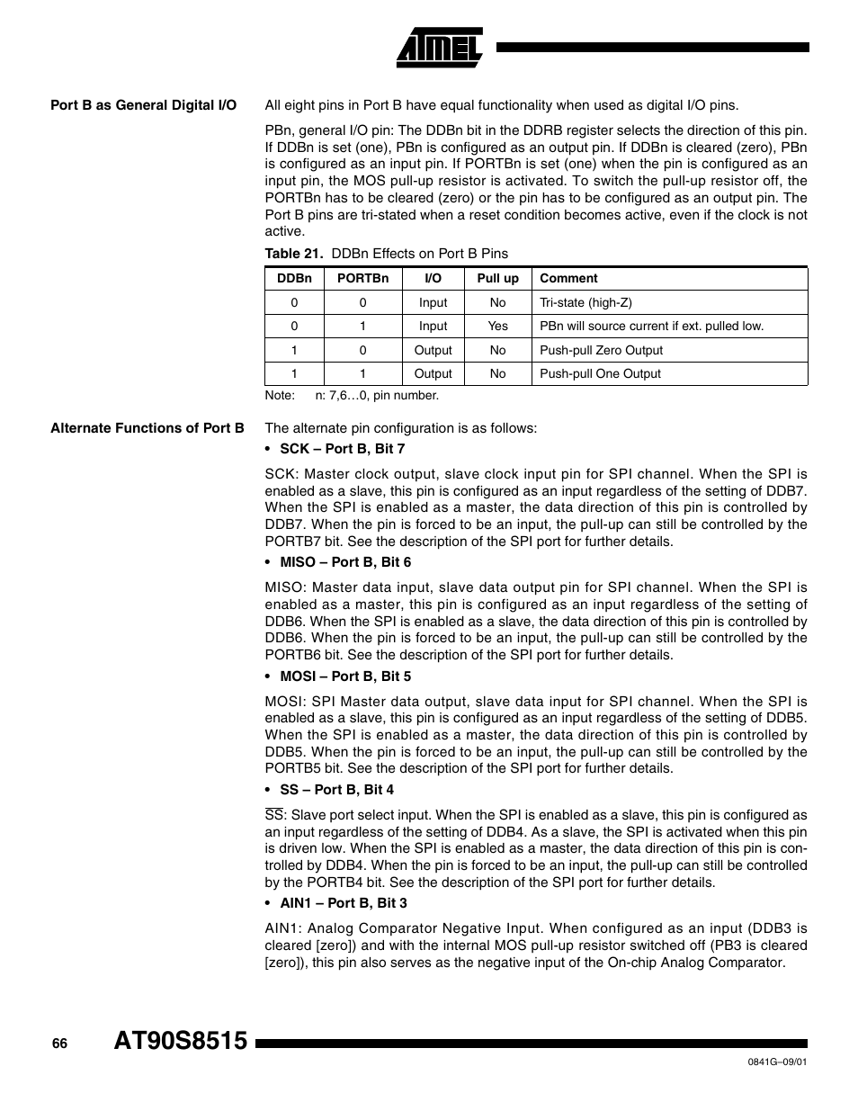 Port b as general digital i/o, Alternate functions of port b | Rainbow Electronics AT90S8515 User Manual | Page 66 / 112