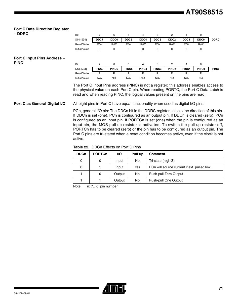 Port c data direction register – ddrc, Port c input pins address – pinc, Port c as general digital i/o | Table 22. ddcn effects on port c pins | Rainbow Electronics AT90S8515 User Manual | Page 71 / 112