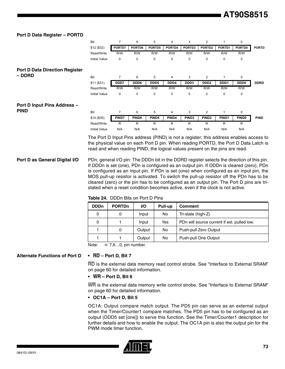 Port d data register – portd, Port d data direction register – ddrd, Port d input pins address – pind | Port d as general digital i/o, Alternate functions of port d, Table 24. dddn bits on port d pins | Rainbow Electronics AT90S8515 User Manual | Page 73 / 112