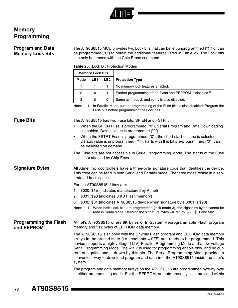 Memory programming, Program and data memory lock bits, Fuse bits | Signature bytes, Programming the flash and eeprom | Rainbow Electronics AT90S8515 User Manual | Page 78 / 112