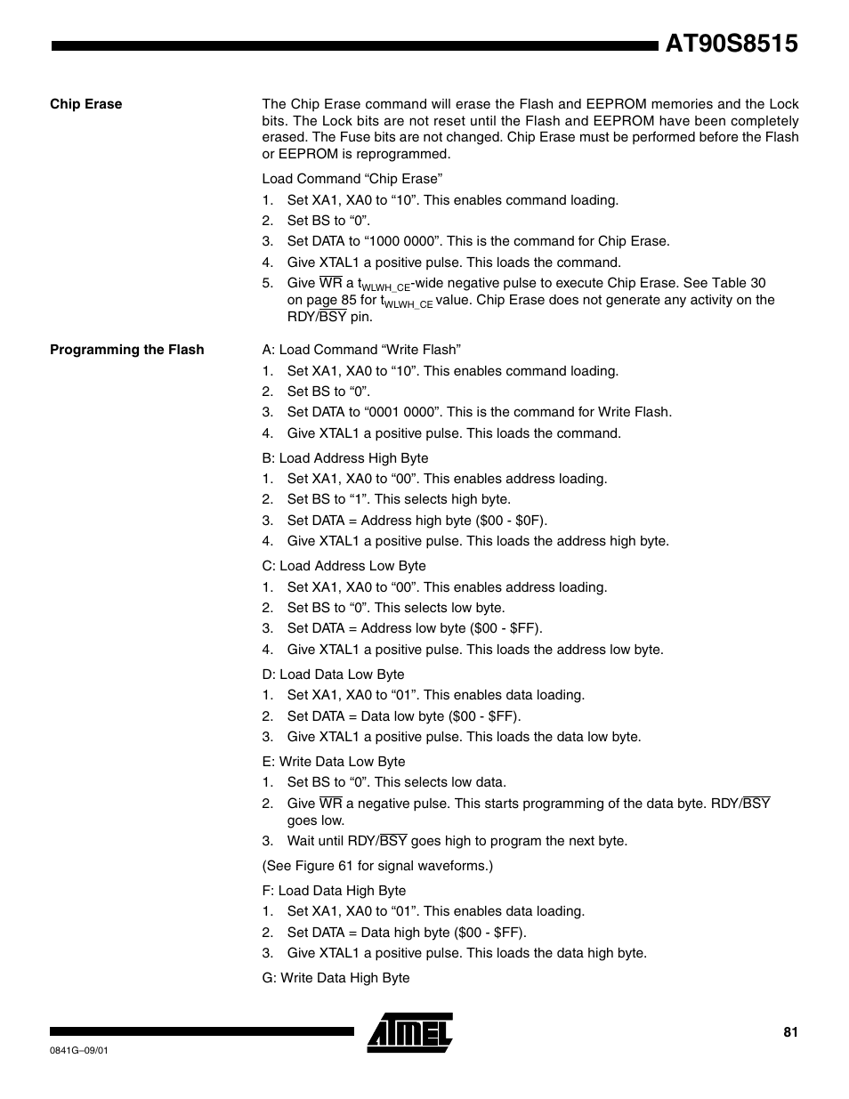 Chip erase, Programming the flash | Rainbow Electronics AT90S8515 User Manual | Page 81 / 112