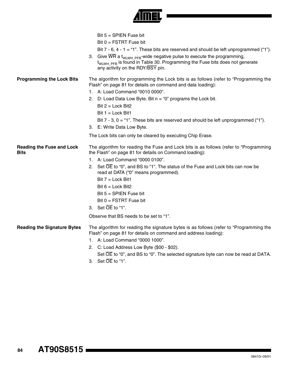 Programming the lock bits, Reading the fuse and lock bits, Reading the signature bytes | Rainbow Electronics AT90S8515 User Manual | Page 84 / 112