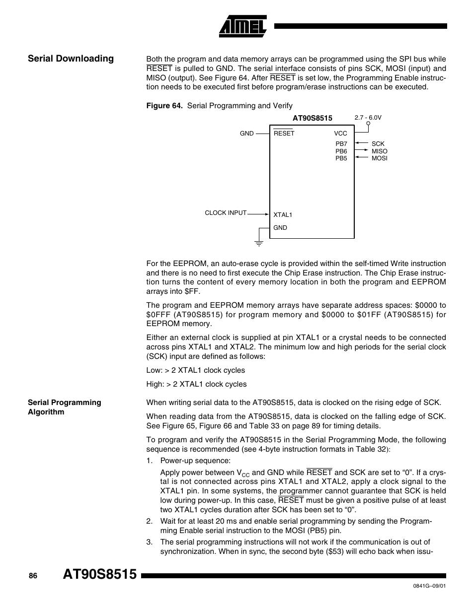 Serial downloading, Serial programming algorithm | Rainbow Electronics AT90S8515 User Manual | Page 86 / 112