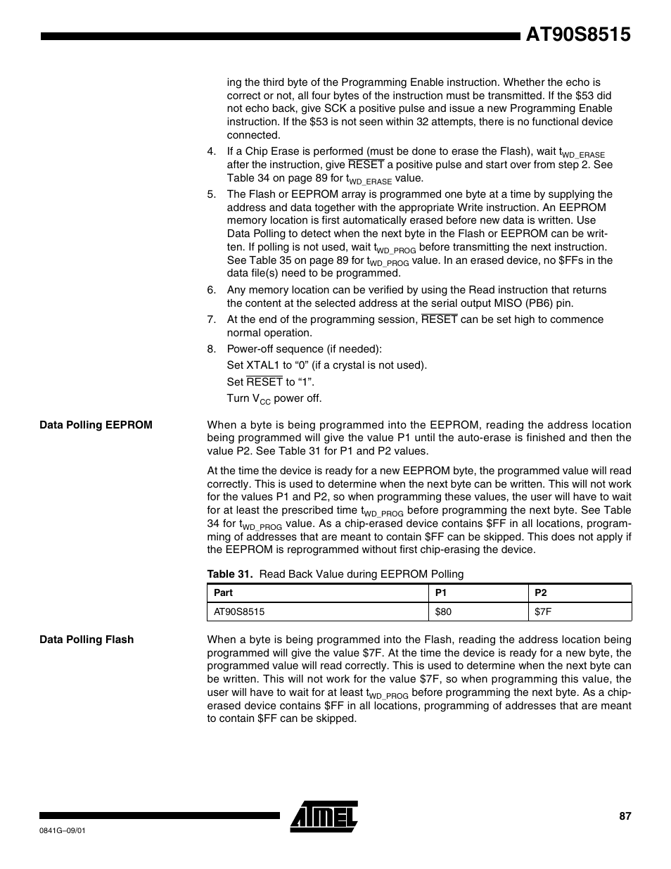 Data polling eeprom, Data polling flash | Rainbow Electronics AT90S8515 User Manual | Page 87 / 112