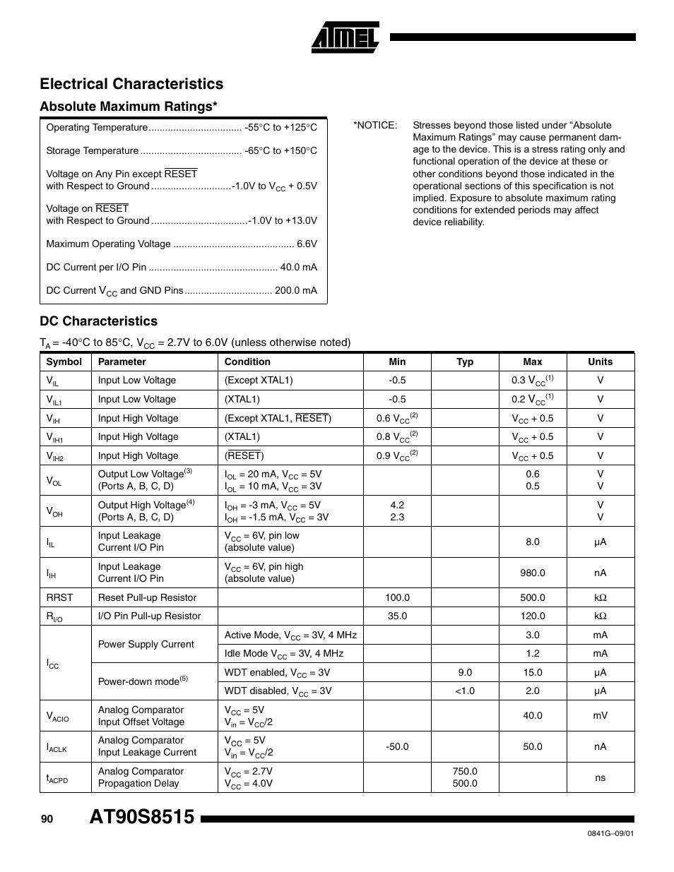 Electrical characteristics, Absolute maximum ratings, Dc characteristics | Rainbow Electronics AT90S8515 User Manual | Page 90 / 112