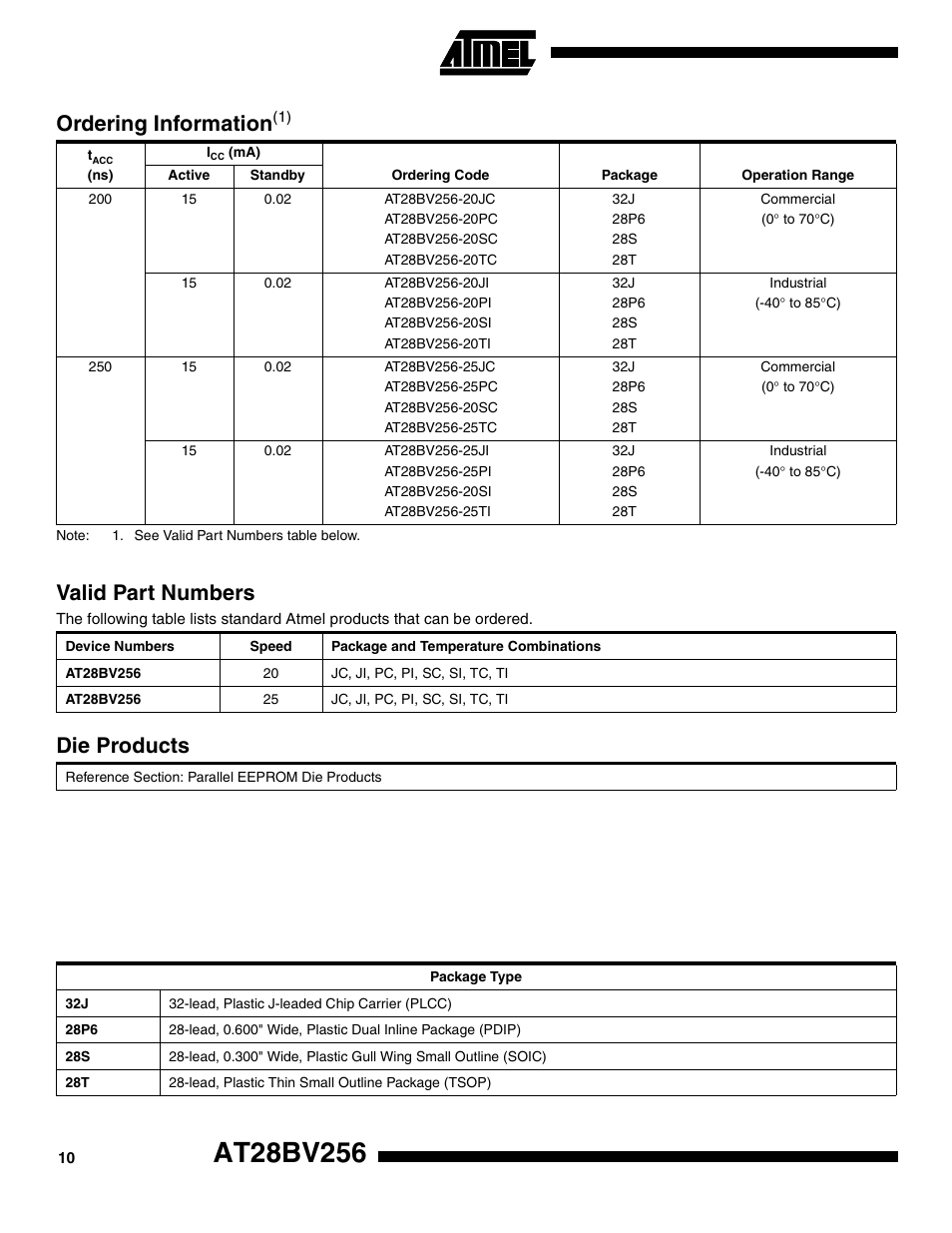 Ordering information(1), Valid part numbers, Die products | Ordering informatio n | Rainbow Electronics AT28BV256 User Manual | Page 10 / 12