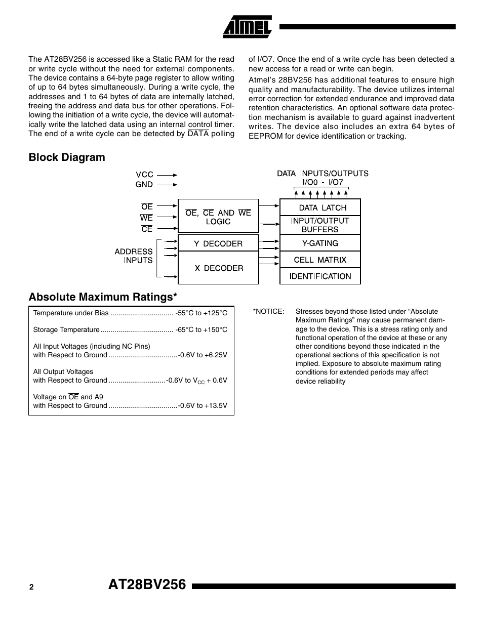 Block diagram, Absolute maximum ratings, Block diagram absolute maximum ratings | Rainbow Electronics AT28BV256 User Manual | Page 2 / 12