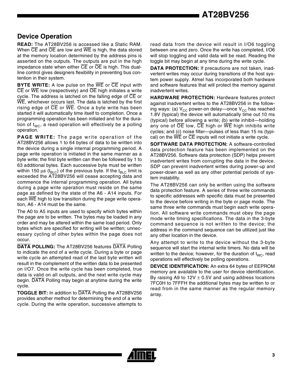 Device operation | Rainbow Electronics AT28BV256 User Manual | Page 3 / 12