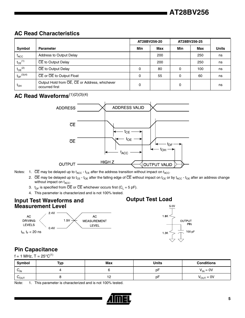 Ac read characteristics, Ac read waveforms(1)(2)(3)(4), Input test waveforms and measurement level | Output test load, Pin capacitance, Ac read waveform s | Rainbow Electronics AT28BV256 User Manual | Page 5 / 12