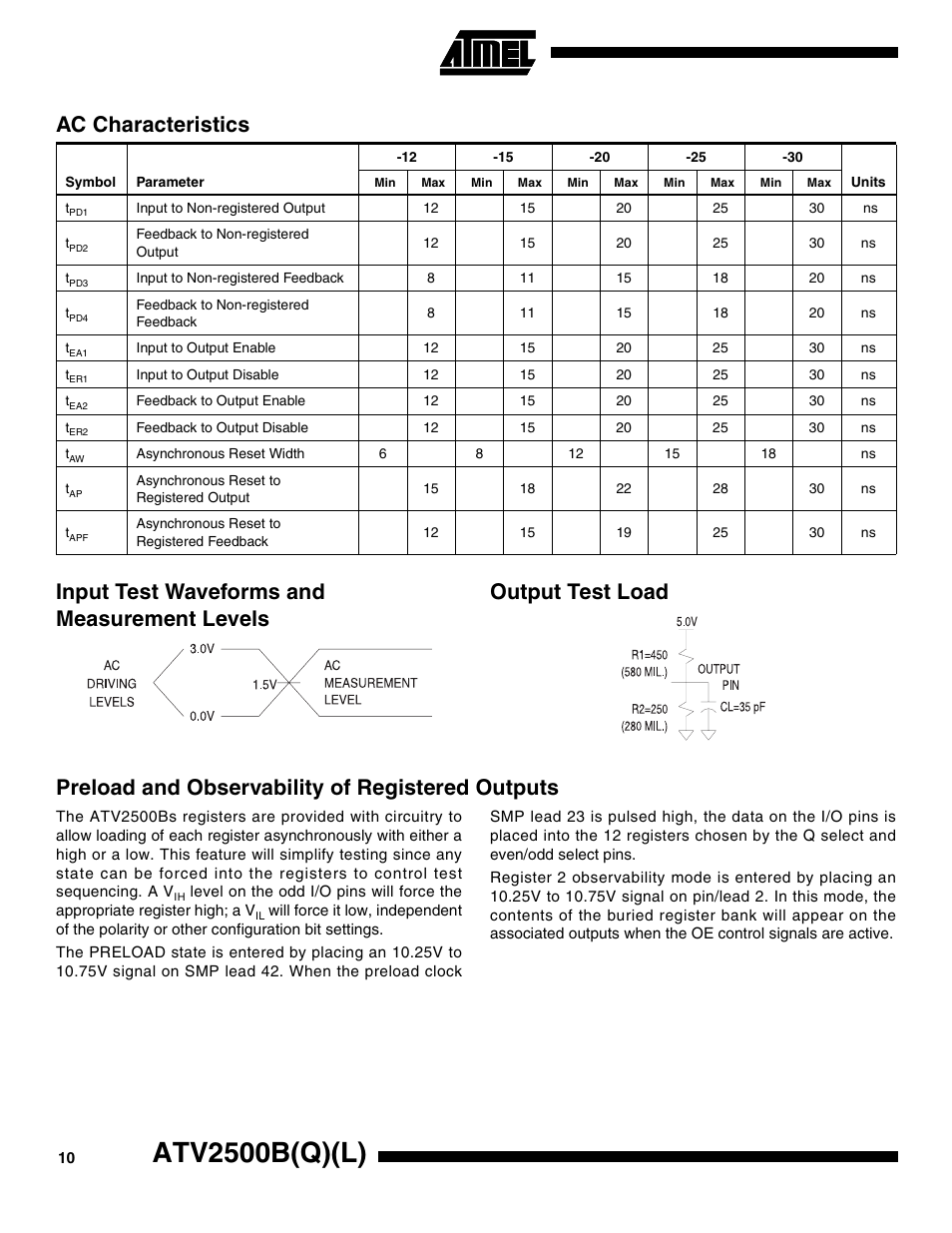 Ac characteristics, Input test waveforms and measurement levels, Output test load | Preload and observability of registered outputs, Atv2500b(q)(l) | Rainbow Electronics ATV2500BQL User Manual | Page 10 / 21