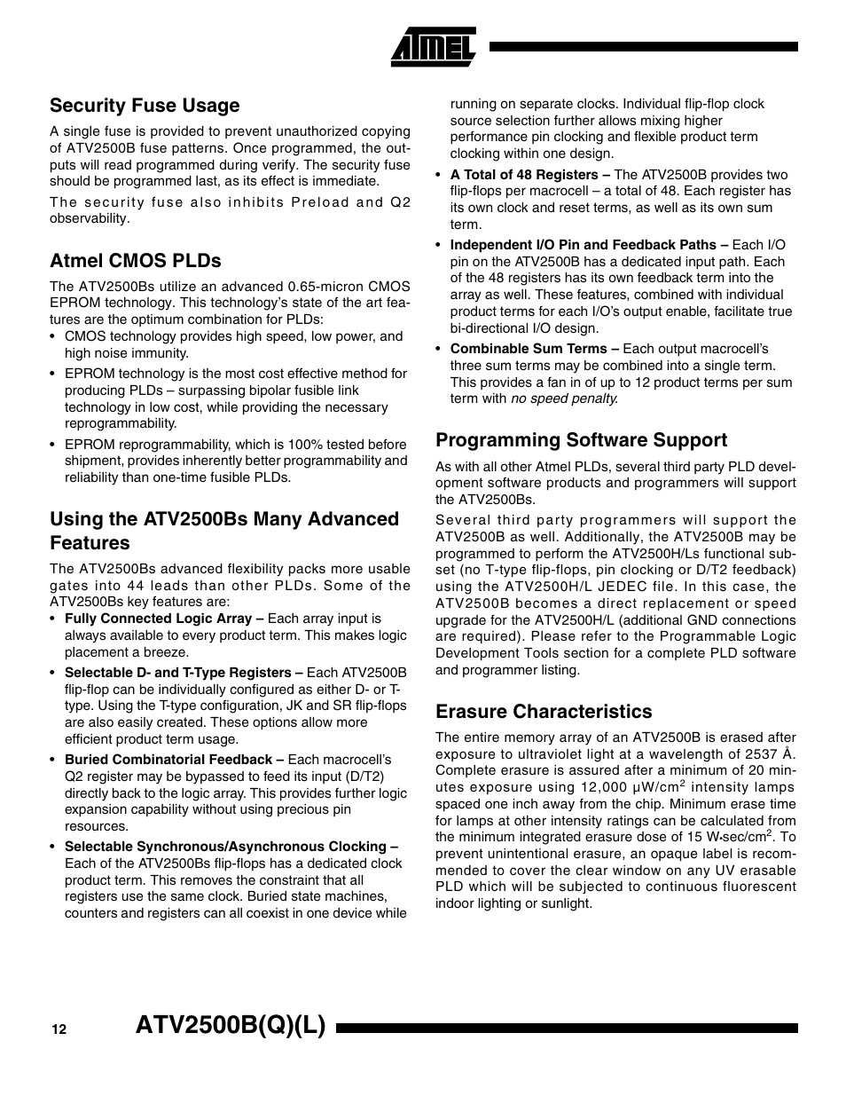 Security fuse usage, Atmel cmos plds, Using the atv2500bs many advanced features | Programming software support, Erasure characteristics, Atv2500b(q)(l) | Rainbow Electronics ATV2500BQL User Manual | Page 12 / 21