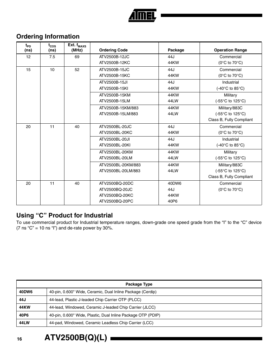 Using “c” product for industrial, Ordering information (continued), Atv2500b(q)(l) | Ordering information | Rainbow Electronics ATV2500BQL User Manual | Page 16 / 21