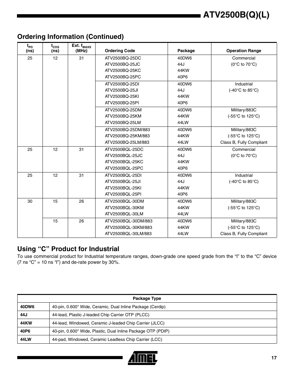 Using “c” product for industrial, Atv2500b(q)(l), Ordering information (continued) | Rainbow Electronics ATV2500BQL User Manual | Page 17 / 21