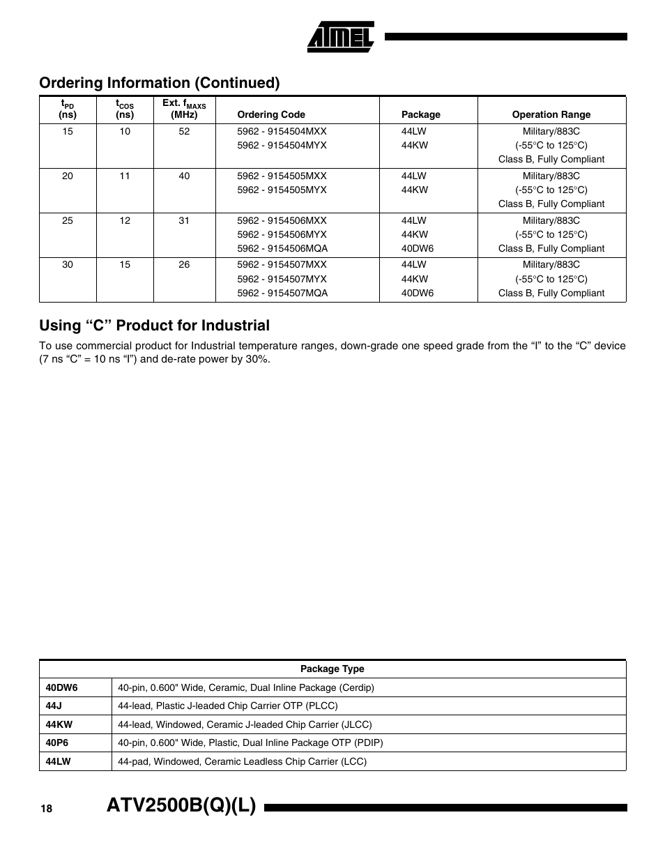 Using “c” product for industrial, Atv2500b(q)(l), Ordering information (continued) | Rainbow Electronics ATV2500BQL User Manual | Page 18 / 21