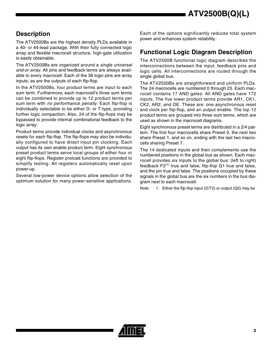 Description, Functional logic diagram description, Atv2500b(q)(l) | Rainbow Electronics ATV2500BQL User Manual | Page 3 / 21