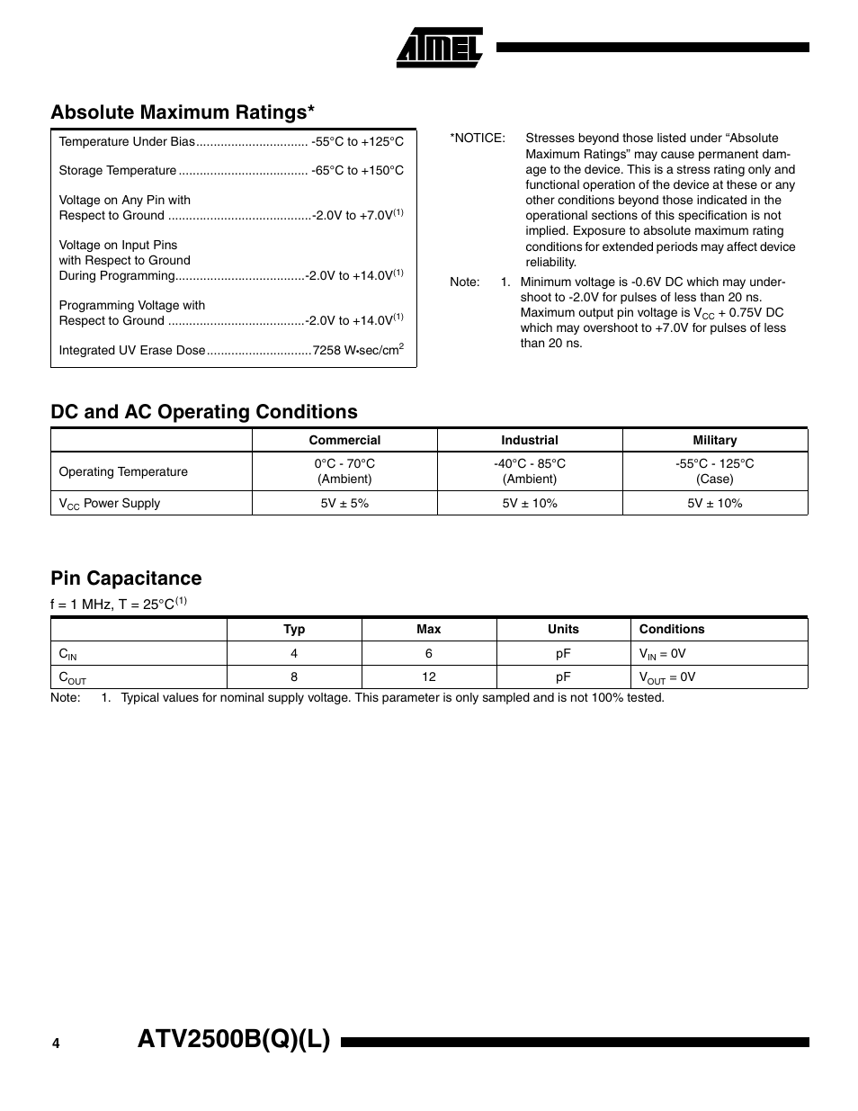 Absolute maximum ratings, Dc and ac operating conditions, Pin capacitance | Atv2500b(q)(l) | Rainbow Electronics ATV2500BQL User Manual | Page 4 / 21