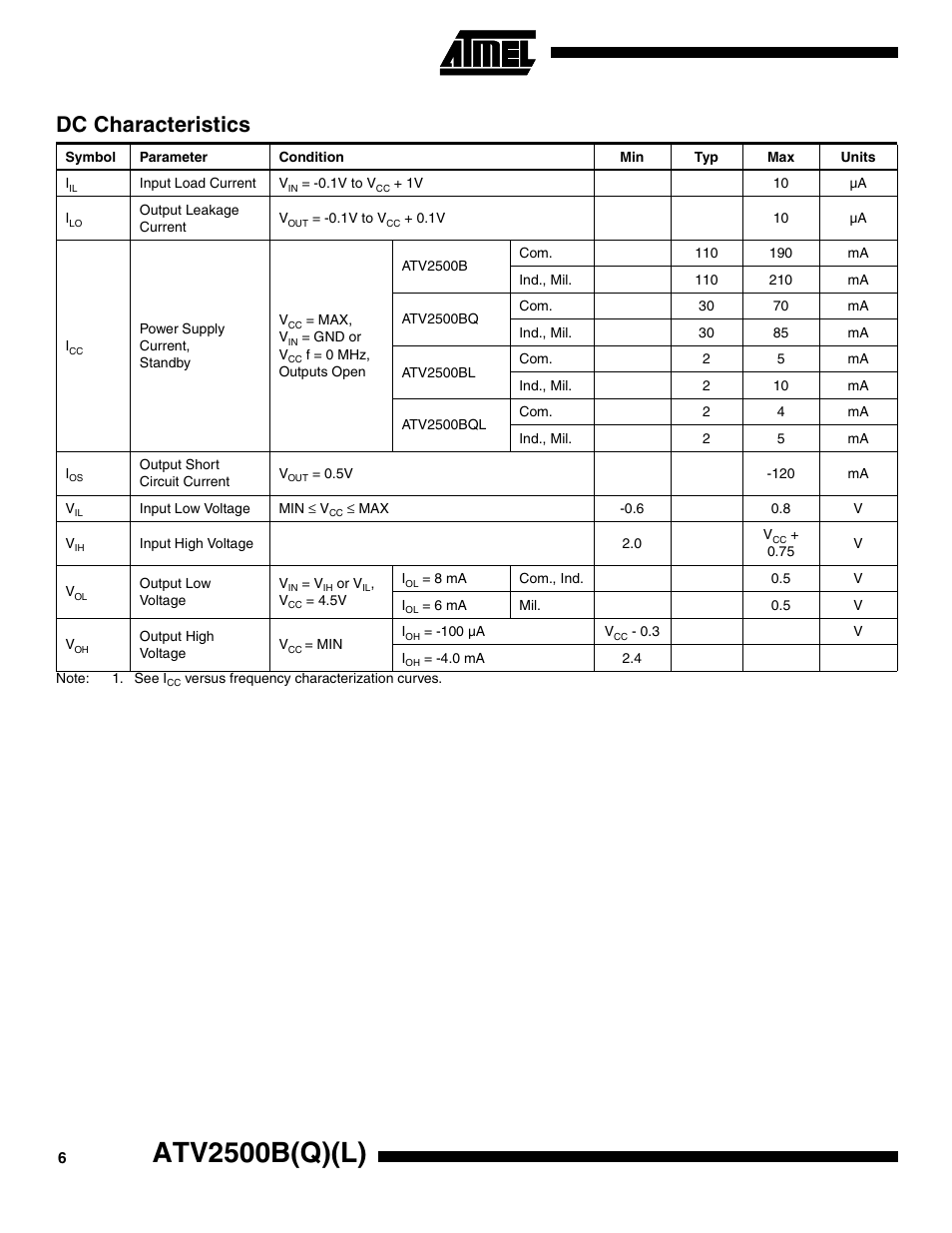 Dc characteristics, Atv2500b(q)(l) | Rainbow Electronics ATV2500BQL User Manual | Page 6 / 21