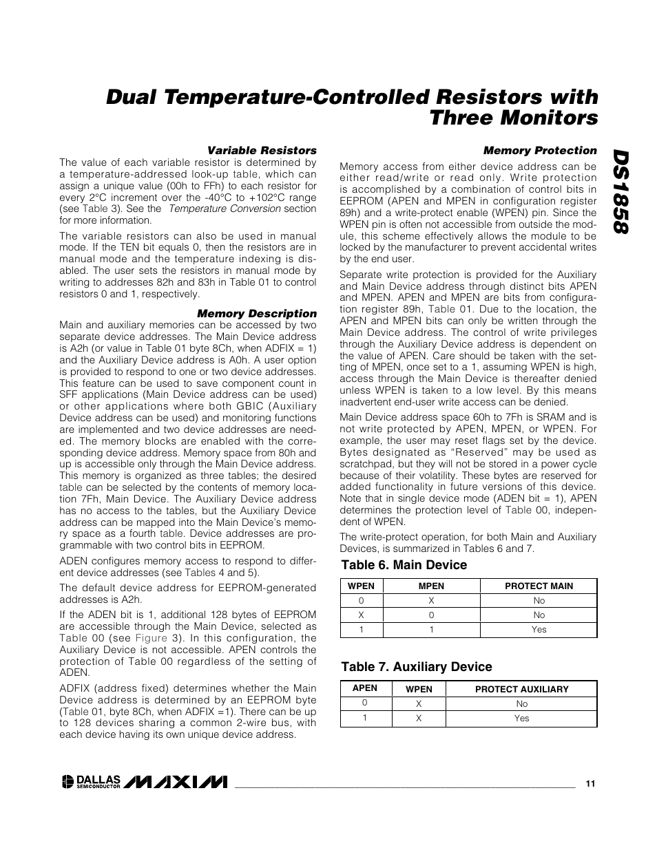 Table 6. main device, Table 7. auxiliary device | Rainbow Electronics DS1858 User Manual | Page 11 / 22