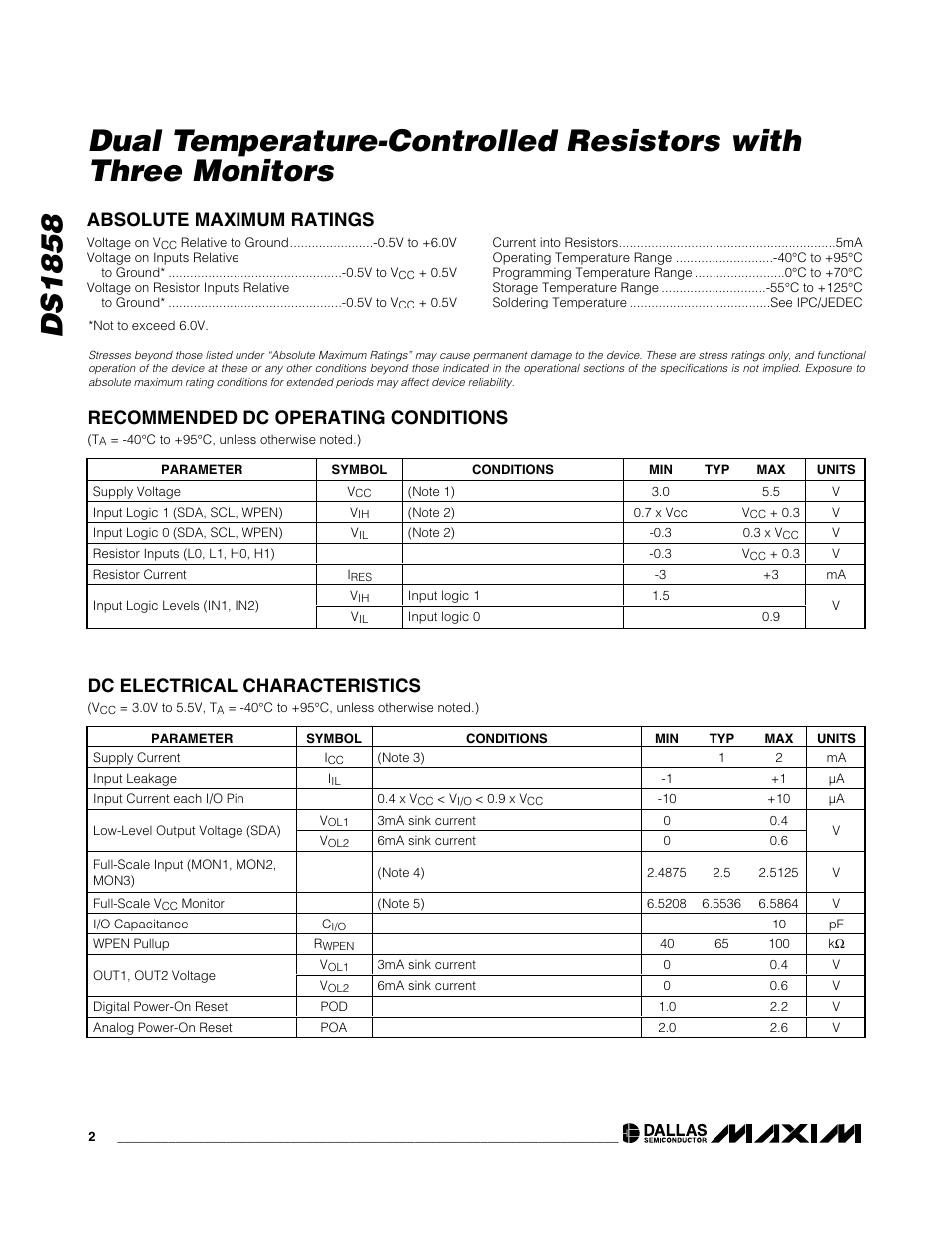 Absolute maximum ratings, Recommended dc operating conditions, Dc electrical characteristics | Rainbow Electronics DS1858 User Manual | Page 2 / 22