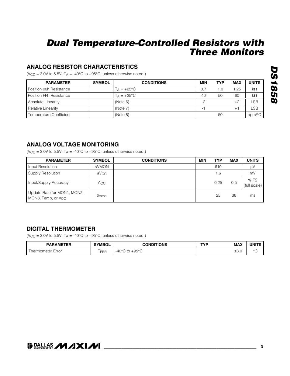 Digital thermometer, Analog voltage monitoring, Analog resistor characteristics | Rainbow Electronics DS1858 User Manual | Page 3 / 22