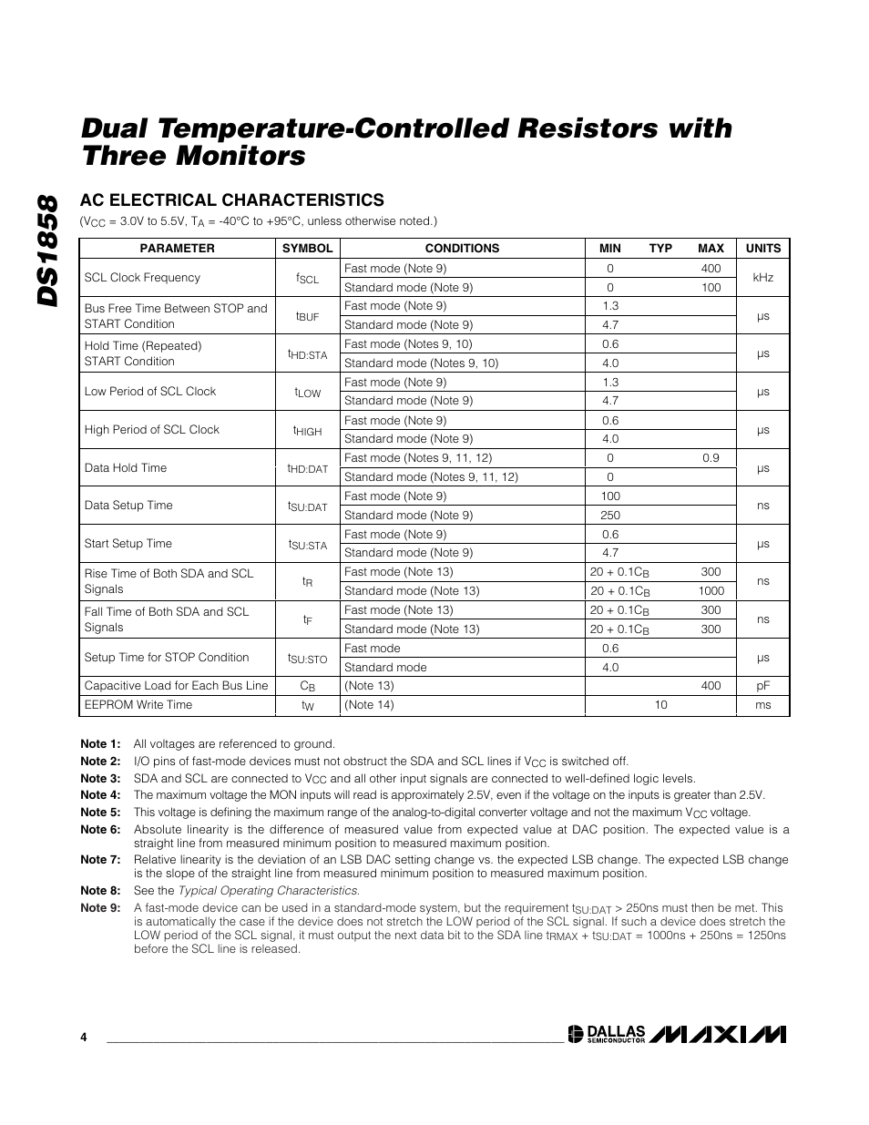 Ac electrical characteristics | Rainbow Electronics DS1858 User Manual | Page 4 / 22