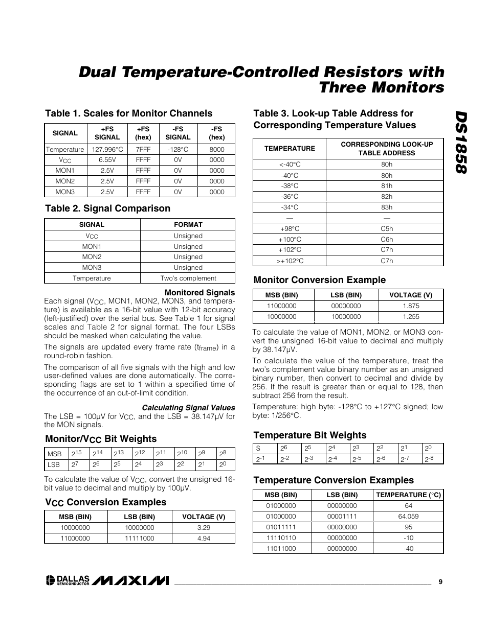 Table 1. scales for monitor channels, Table 2. signal comparison, Monitor/v | Rainbow Electronics DS1858 User Manual | Page 9 / 22