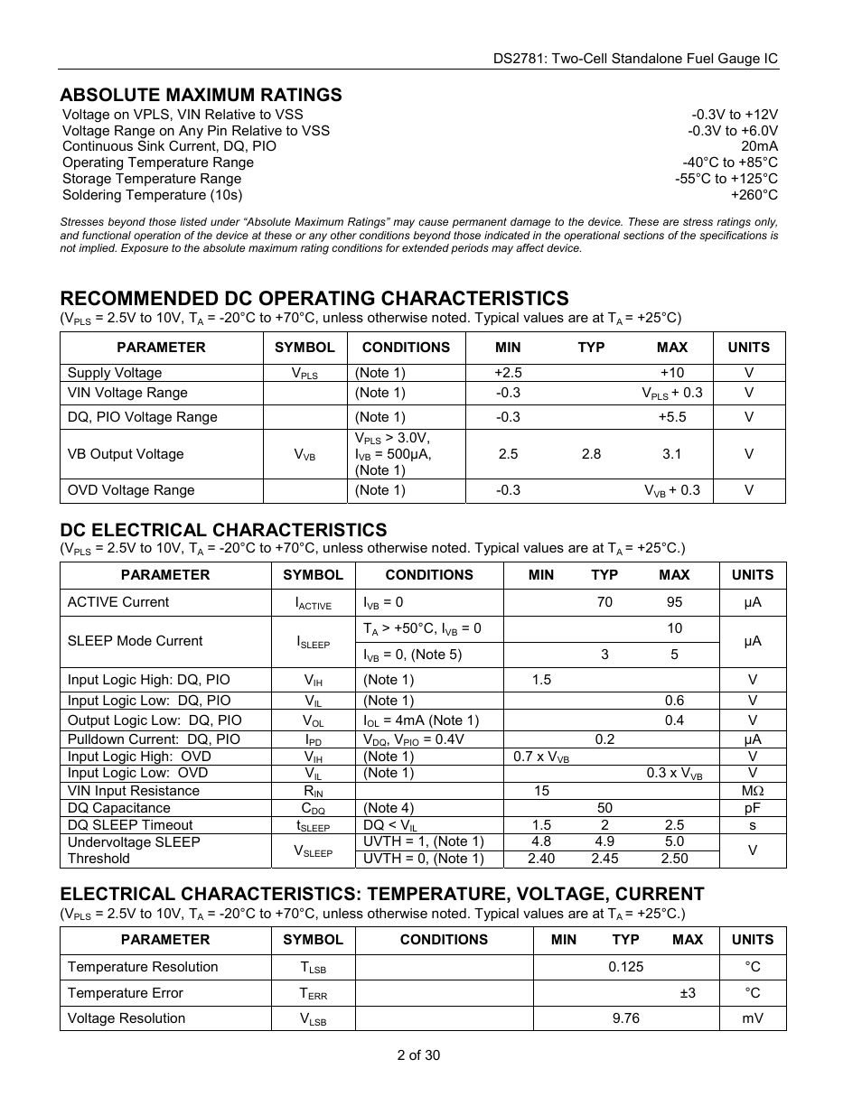 Recommended dc operating characteristics, Absolute maximum ratings, Dc electrical characteristics | Rainbow Electronics DS2781 User Manual | Page 2 / 30