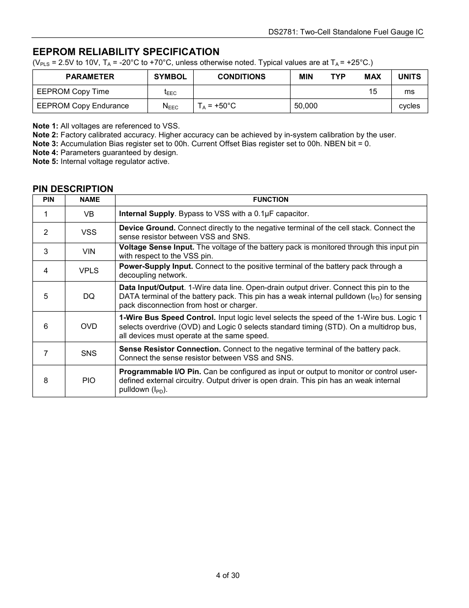 Eeprom reliability specification, Pin description | Rainbow Electronics DS2781 User Manual | Page 4 / 30